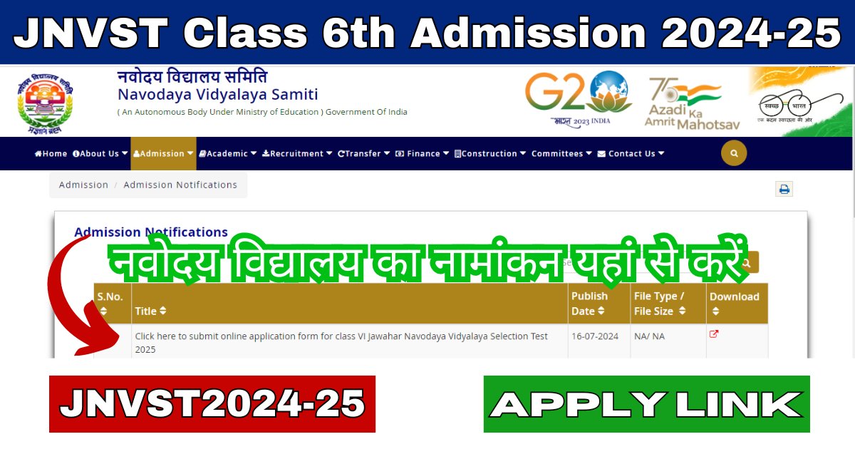 JNVST Class 6th Admission 2024-25 Online Form