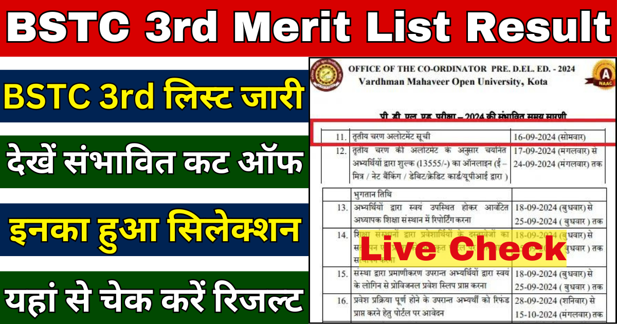 BSTC 3rd Merit List Cut Off Kab Aayega